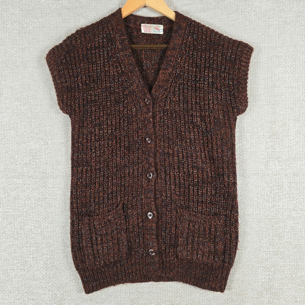 Cheung Kee Vintage Pure Wool‎ Brown Cable Knit Cardigan Sweater Vest Womens XL